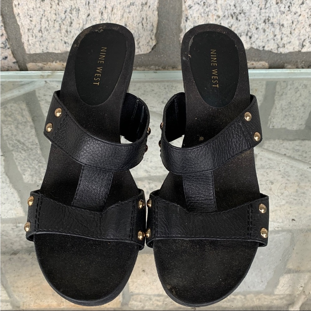 Nine West Black leather 4" Wedges grommets studs 9